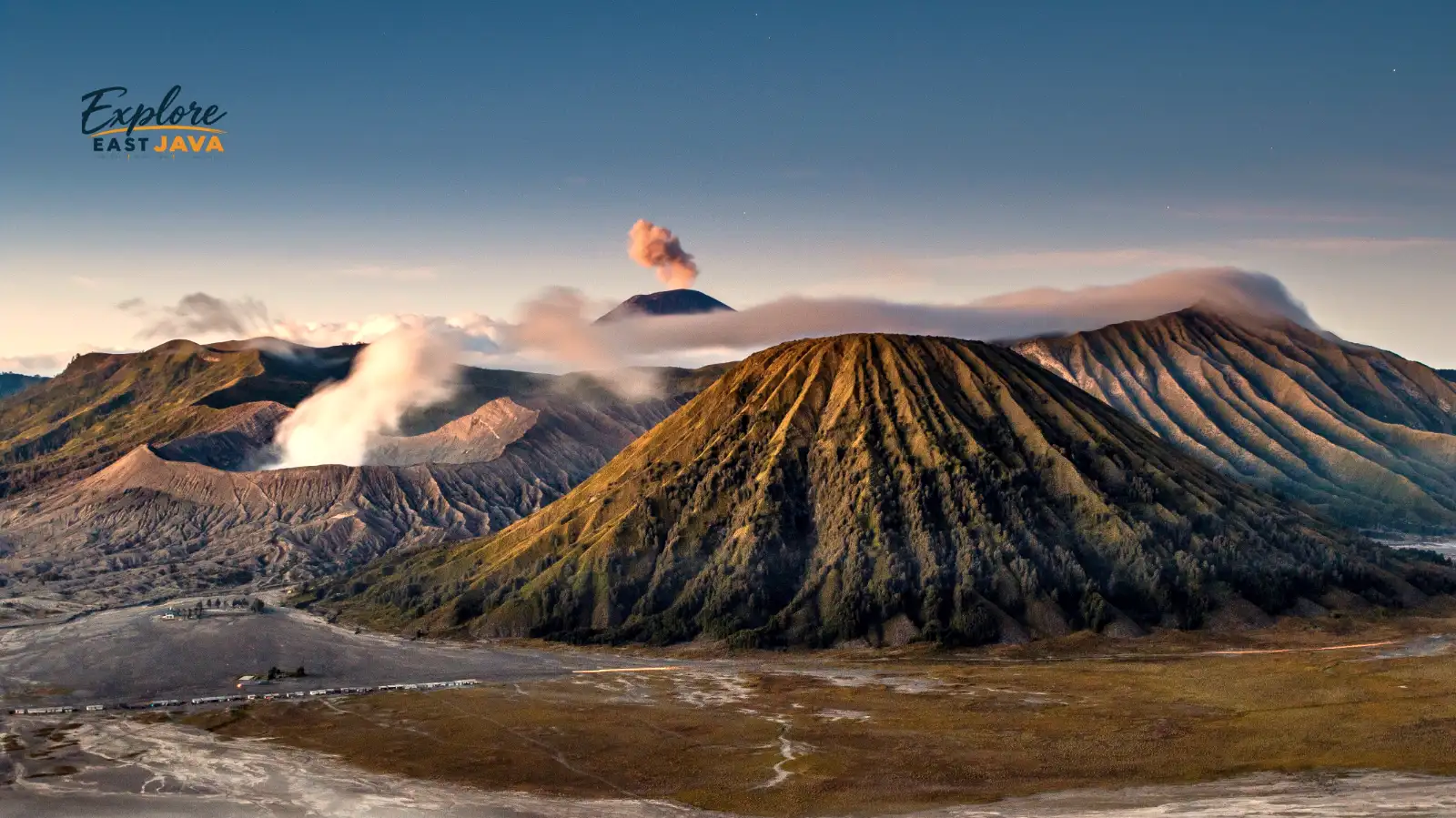 Mount Bromo sunrise landscape with volcanic crater views in East Java Indonesia